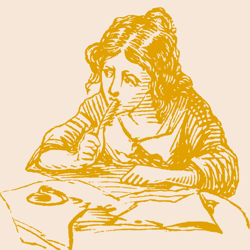 Picto représentant une femme qui réfléchit avec un stylo à la main 
