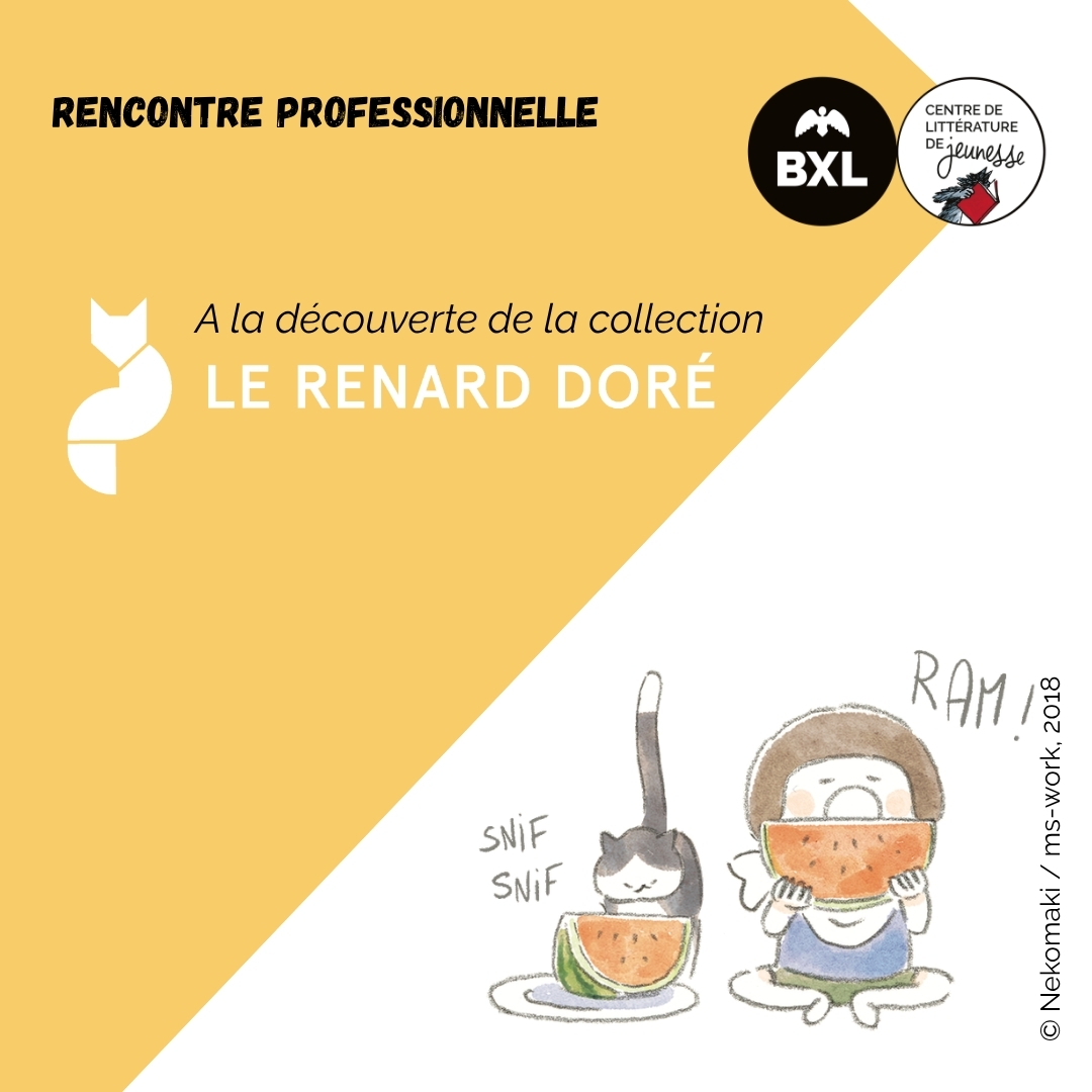 Annonce de la séance de découverte de la collection Le renard doré avec un dessin de type manga d'un enfant et d'un chat qui s'apprêtent à déguster chacun un morceau de pasthèque