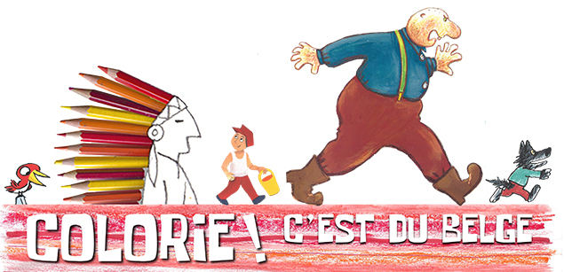 Illustration du titre Colorie ! C'est du belge avec une frise de personnages issus des dessins proposés