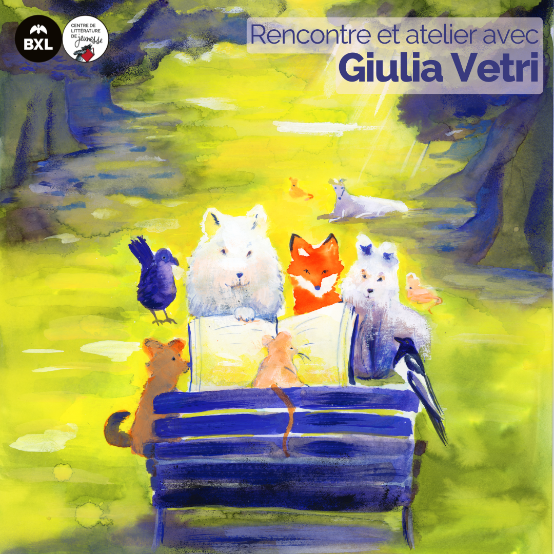 Extrait de l'affiche de Lire dans les parcs 2025 réalisée par Giulia Vetri - Des chiens et des oiseaux sont rassemblés dans un parc pour écouter une souris qui lit un livre sur un banc