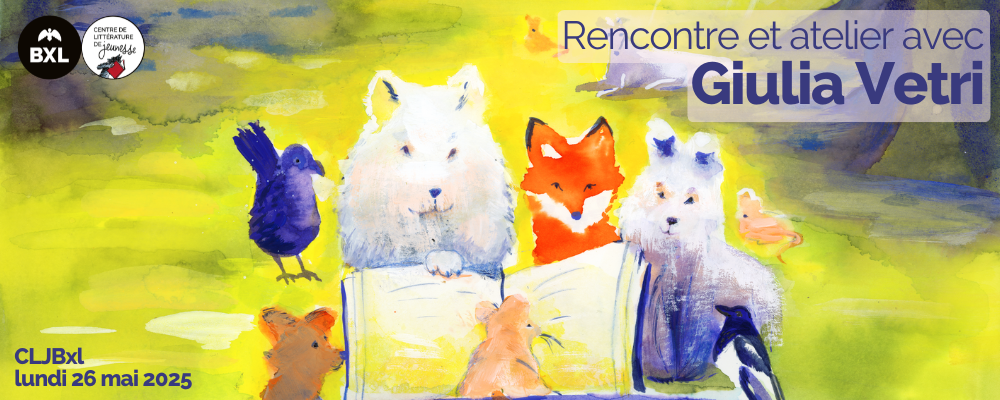 Extrait de l'affiche de Lire dans les parcs 2025 réalisée par Giulia Vetri - Des chiens et des oiseaux sont rassemblés dans un parc pour écouter une souris qui lit un livre sur un banc