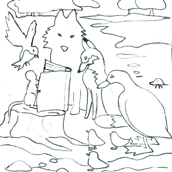 Image à colorier avec des animaux groupés qui écoutent une souris qui lit un livre - Dessin issu des travaux de recherche de Giulia Vetri pour l'affiche de Lire dans les parcs 2025 