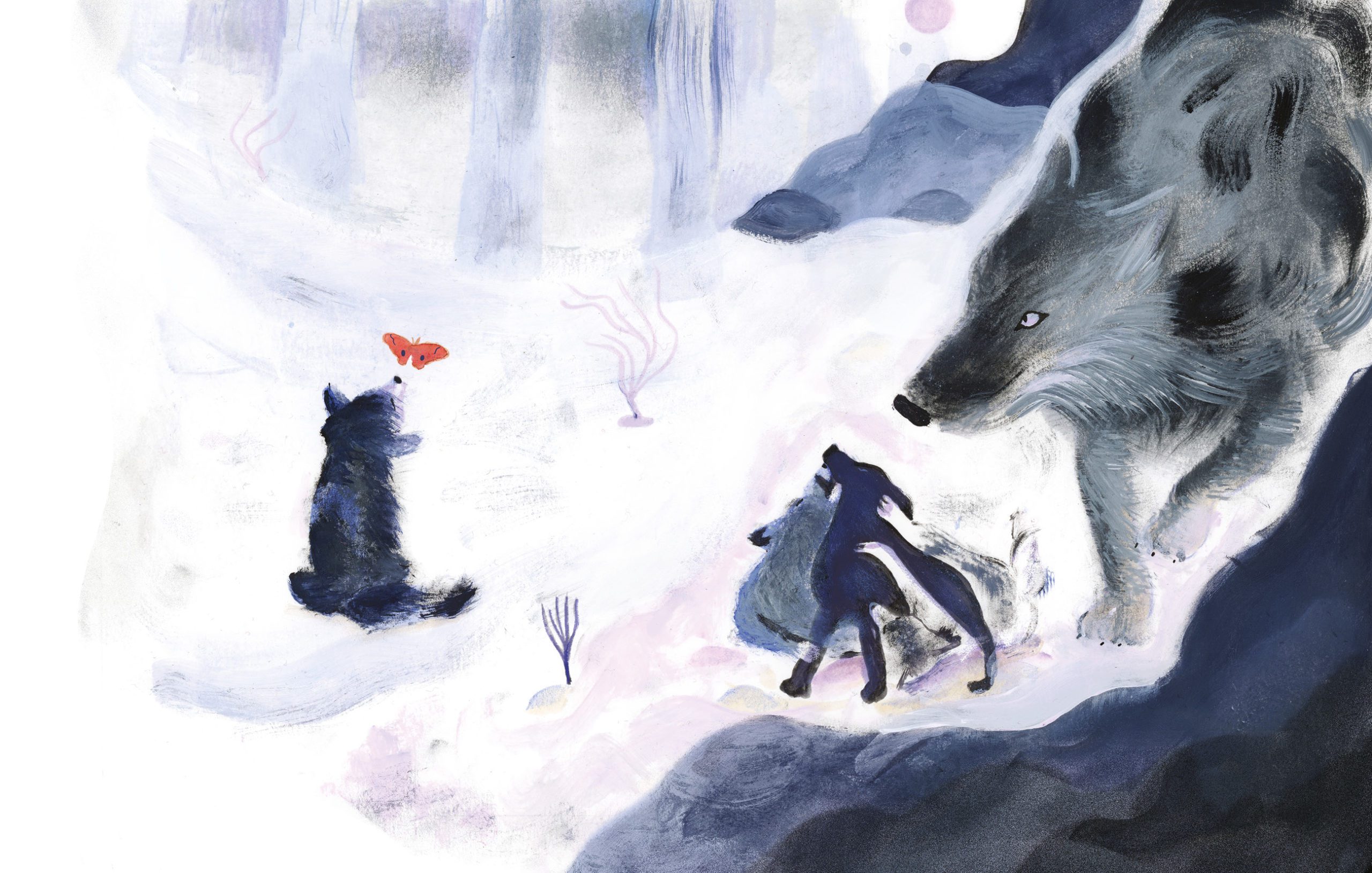 image peinte de petits loups dans un décor hivernal issue de l'album Le silence rouge Tornade de Mathieu Pierloot et Giulia Vetri aux éditions Versant Sud Jeunesse