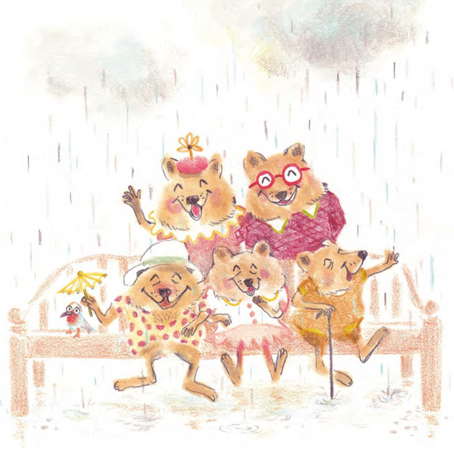 Portrait de famille souriante sous la pluie extrait de Le sourire d’Yvon Quokka (éditions Versant Sud Jeunesse)