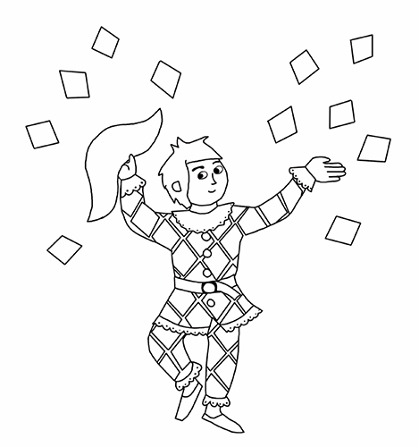 Image à colorier issue de Ribambelle (éd. Versant Sud Jeunesse) - Le personnage d'Arlequin avec des confettis