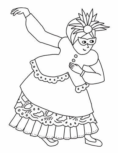 Image à colorier issue de Ribambelle (éd. Versant Sud Jeunesse) - Un personnage déguisé en Colombine