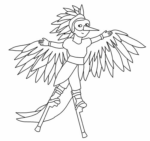 Image à colorier issue de Ribambelle (éd. Versant Sud Jeunesse) - Un personnage paré de plumes sur des échasses 