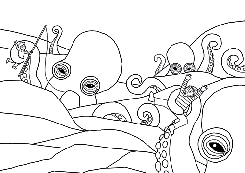 Image à colorier comportant des pieuvres géantes issue de Le bout de la ligne (éd. L'atelier du poisson soluble)