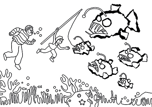 Image à colorier issue de Le bout de la ligne (éd. L'atelier du poisson soluble) - Les personnages nagent au fond de l'océan et croisent un banc de poissons géants