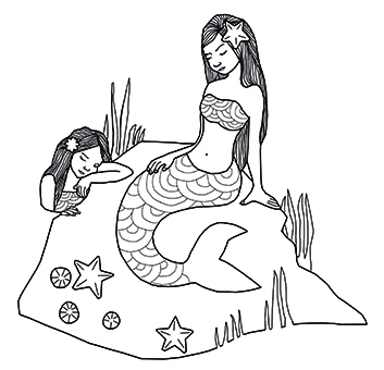 Image à colorier issue de Le bout de la ligne (éd. L'atelier du poisson soluble) - Deux sirènes sur un banc de sable
