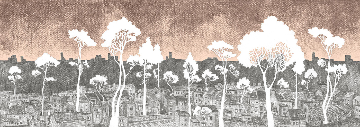 Illustration panoramique d'arbres qui poussent et dépassent la ville