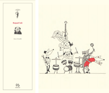 Couverture + illustration d'un groupe de chiens qui jouent du rock'n roll issues de la plaquette RoquetRoll distribuée à l'occasion de la Fureur de Lire