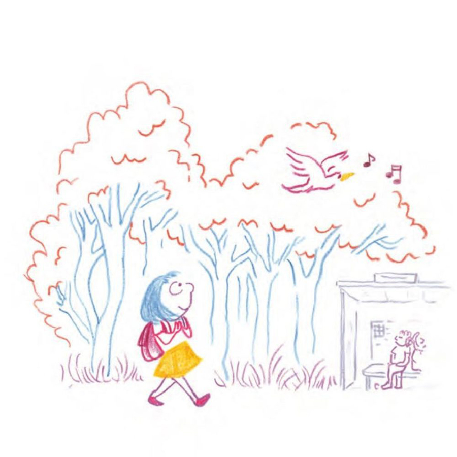 Dessin de Cammile regardant des arbres et un oiseau, extrait des lundis de Camille (éditions Versant Sud Jeunesse)